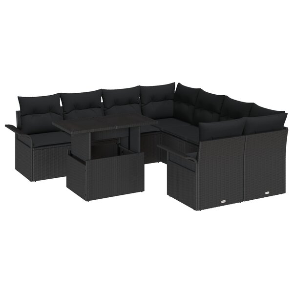 vidaXL Ensemble de canapé de jardin 9 pièces avec coussins noir poly rotin