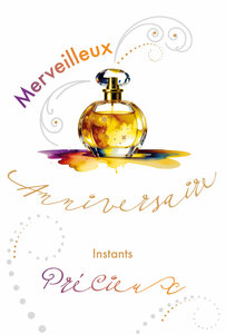 69-3110 Carte Anniversaire pour Femme Flacon de Parfum Féminin peint à l'Aquarelle Instants Précieux - Finitions Dorure Or Doré + Gaufrage en Relief +1 Enveloppe Format 12x17cm - Fabriqué en Europe