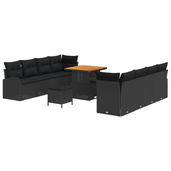 Ensemble de canapés de jardin de 11 pièces avec coussins en rotin poly noir acacia