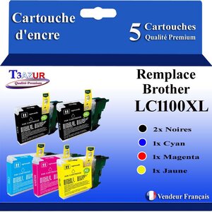 T3AZUR- Lot de 5 Cartouches compatibles avec Brother LC1100 XL pour Brother DCP383C  DCP385C  DCP387C  DCP390CN  DCP395CN