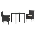 Ensemble de Salle à Manger de Jardin 3 Pièces avec Coussins en Rattan Poly Noir