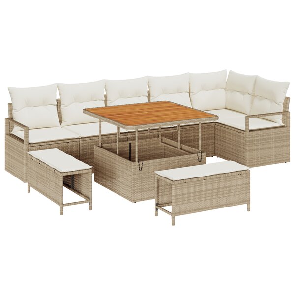 Ensemble de canapé de jardin 9 pièces avec coussins beige poly rattan acacia
