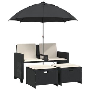 vidaXL Canapé de jardin 2 places avec parasol et tabourets noir rotin