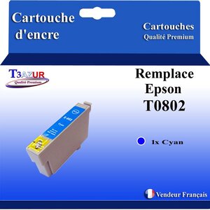 T3AZUR- Cartouche Compatible avec Epson T0802 remplace Stylus Photo R265 R360 R285 P50 R685 RX560 RX585 RX685 PX700W PX710W PX800FW PX810 PX650 Cyan
