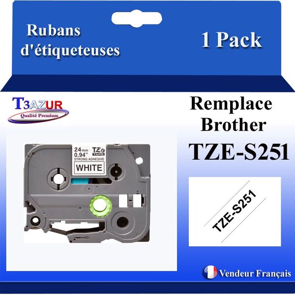 Ruban d'étiqueteuse compatible avec Brother Tze251  Tze-251 pour étiqueteuses P-touch - Texte noir sur fond blanc - Largeur 24 mm x 8 mètres - T3AZUR
