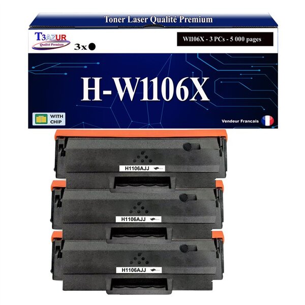 T3AZUR -3x Toners compatibles avec HP W1106X (106X) pour HP Laser 107a  107r  107w  Laser MFP 135ag  135wg  137fnw  137fwg