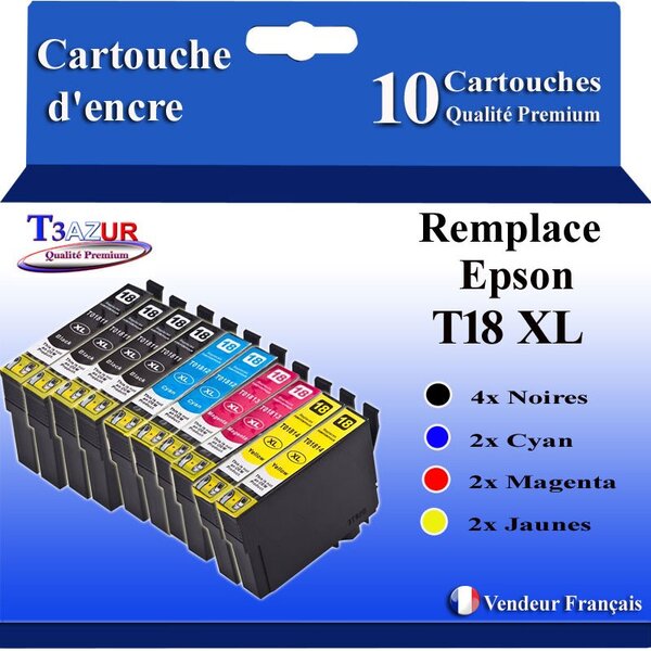 T3AZUR- 10x Cartouches Compatibles avec  Epson 18XL 18 XL remplace Epson Expression Home XP102 XP202 XP205 XP212 XP215