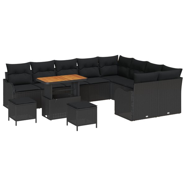 Ensemble de canapé de jardin 12 pièces avec coussins Noir Poly Rotin Acacia