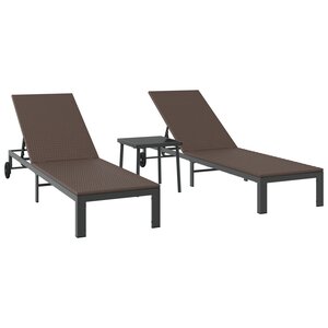 vidaXL Chaises longues 2 Pièces avec roues et table en poly rattan marron
