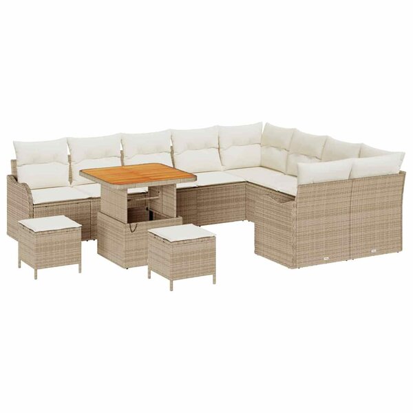 Ensemble de canapé de jardin 12 pièces avec coussins beige poly rattan acacia