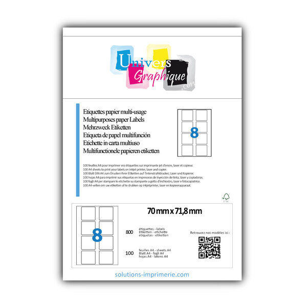 Lot de 100 planches a4 de 8 étiquettes à bords ronds 70 x 71 8 mm en papier blanc 70g/m² multifonction