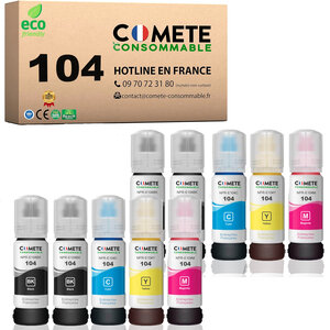 COMETE, Entreprise Française- 104- pack 10  Recharges Ecotank Compatibles EPSON