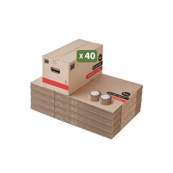 Pack and Move - Lot 40 Cartons Déménagement Premium - 60 X 30 X 30 - Extrême Résistance 25KG - Réutilisable - Poignées Renforcées - 2 Adhésifs Offerts