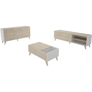 Ensemble meuble TV table basse buffet - Mélaminé - Style scandinave - chêne et blanc