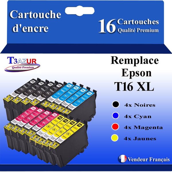 T3AZUR- 16x Cartouches Compatibles avec Epson T1631 T1632 T1632 T1634 T16XL