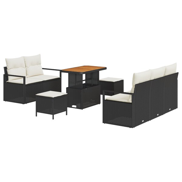Ensemble de 8 Pièces de Sofa de Jardin avec Coussins en Rotin Noir Poly Rattan Acacia