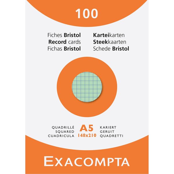 Étui De 100 Fiches - Bristol Quadrillé 5x5 Non Perforé 148x210mm - Couleurs Assorties - X 10 - Exacompta
