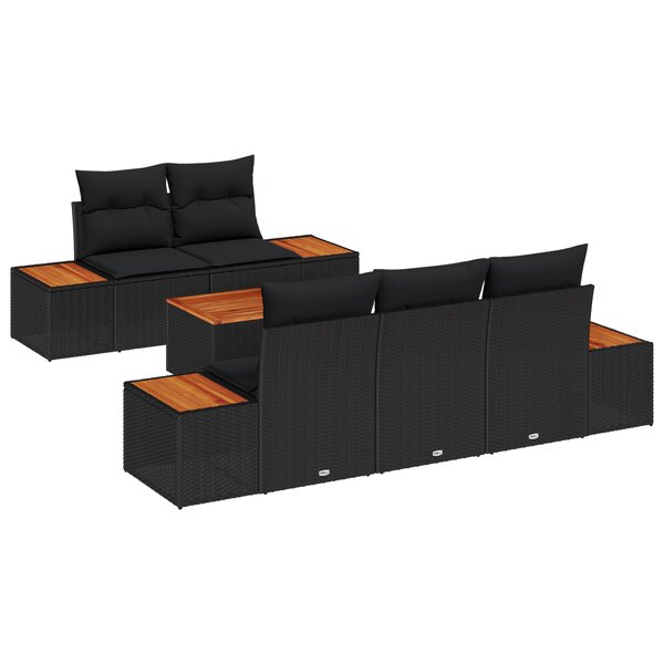 vidaXL Ensemble de Canapés de Jardin de 6 Pièces avec Coussins Noir Poly Rattan Acacia