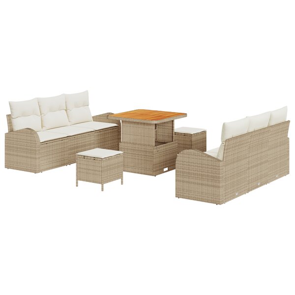 Set de Canapés de Jardin 9 Pièces avec Coussins Beige Poly Rotin Acacia