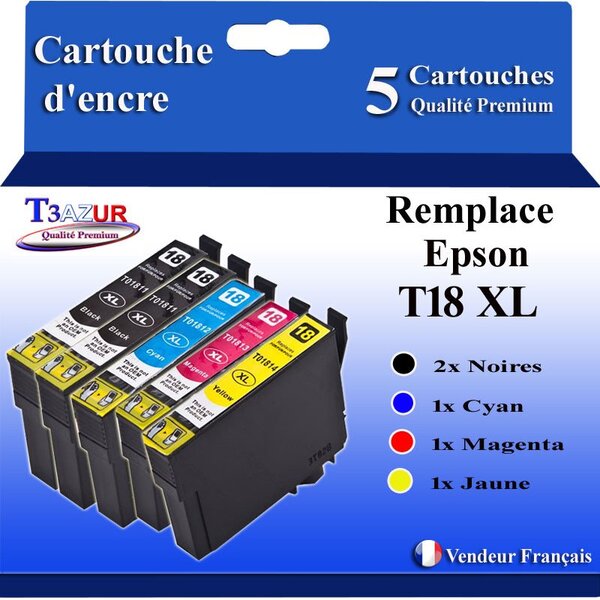 T3AZUR- 5x Cartouches Compatibles avec Epson 18XL 18 XL remplace Expression Home XP205 XP215 XP305 XP312 XP315 XP322 XP325 XP405 XP412 XP415 XP422 XP425
