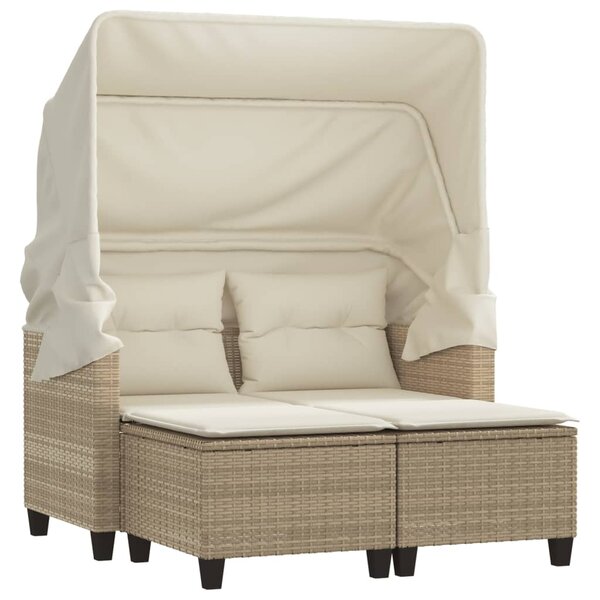 vidaXL Canapé de jardin 2 places avec auvent et tabourets beige rotin