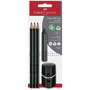 Kit 3 Crayons Graphite GRIP 2001 Grade B Noir + Gomme + taille-Crayon FABER-CASTELL