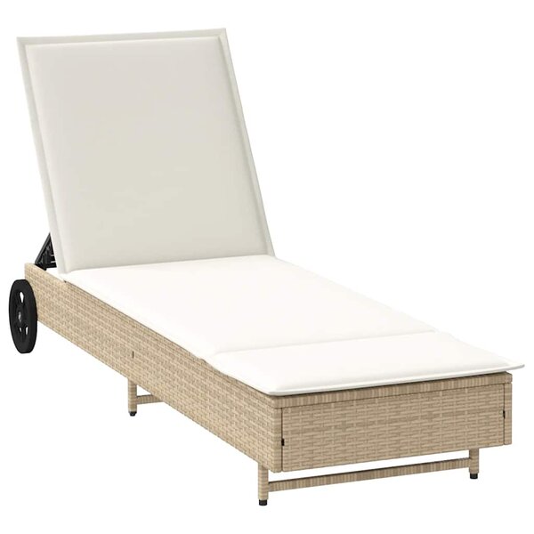 vidaXL Chaise longue avec roues et coussin beige résine tressée