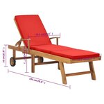 vidaXL Chaise longue avec coussin Bois de teck solide Rouge