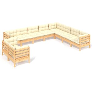 vidaXL Salon de jardin 10 Pièces avec coussins crème bois de pin massif