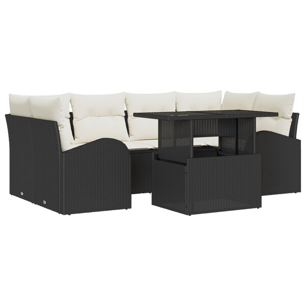 Ensemble de canapé de jardin 7 pièces avec coussins Noir Poly Rotin