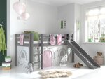 Lit Enfant Surélevé Avec Toboggan Pino 90x200cm Gris + Rideau de lit et 3 pochettes Birdy