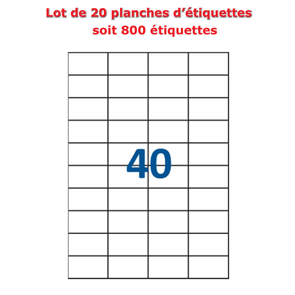Lot de 20 Planches étiquettes autocollantes sur feuille A4 : 52 5 x 29 7 mm (40 étiquettes par feuille)