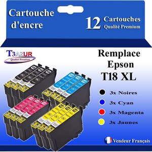 T3AZUR- 12x Cartouches Compatibles avec Epson 18XL 18 XL remplace Expression Home XP205 XP215 XP305 XP312 XP315 XP322 XP325 XP405 XP412 XP415 XP422 XP425