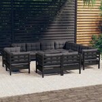 vidaXL Salon de jardin 11 Pièces avec coussins Noir Bois de pin solide