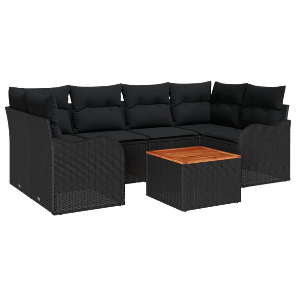 Ensemble de canapé de jardin 7 pièces vidaXL avec coussins Noir Poly Rattan Acacia