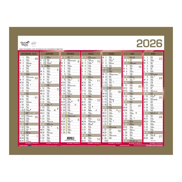 Calendrier Mural 2026 - 14 Mois - 27 x 21 cm - Or et Rouge