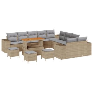 Ensemble de Canapé de Jardin 14 pièces avec Coussin Beige Rattan Poly Acacia