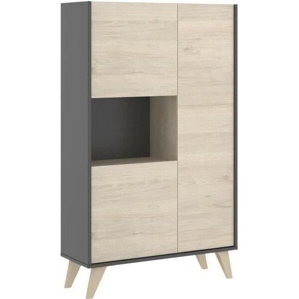 Buffet haut - graphite et chêne - 3 portes + 1 niche - NESS - 81 x 43 x 135 cm