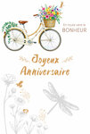 69-3109 Carte Anniversaire pour Fille Femme à Bicyclette Vélo Panier Fleuri peint à l'Aquarelle Champêtre -Finitions Dorure Or Doré + Gaufrage en Relief +1 Enveloppe Format 12x17cm -Fabriqué en Europe