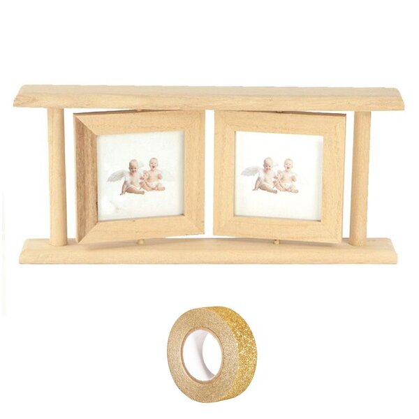 Double cadre photo en bois 25 x 12 5 cm + masking tape doré à paillettes 5 m