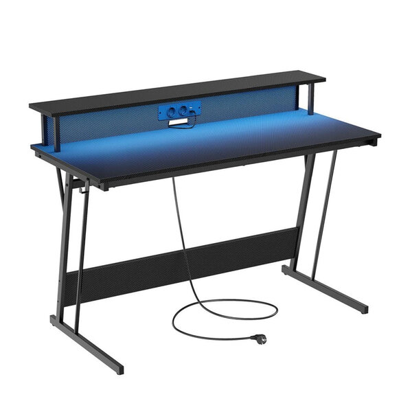 Bureau gaming avec led et multiprise table gamer bureau informatique avec rehausseur d’écran pour 2 ordinateurs pour chambre 60 x 100 x 76 cm noir carbone 12_0004632