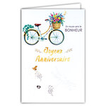 69-3109 Carte Anniversaire pour Fille Femme à Bicyclette Vélo Panier Fleuri peint à l'Aquarelle Champêtre -Finitions Dorure Or Doré + Gaufrage en Relief +1 Enveloppe Format 12x17cm -Fabriqué en Europe