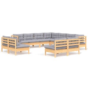 vidaXL Salon de jardin 11 Pièces avec coussins gris Bois de pin solide