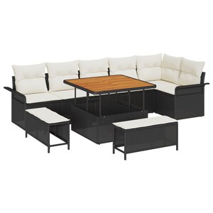 Canapés de jardin 9 pièces avec coussins noir en rotin poly acacia