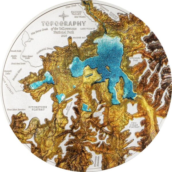 Monnaie YELLOWSTONE Topography 5 Oz Argent 25$ Cook Islands 2025