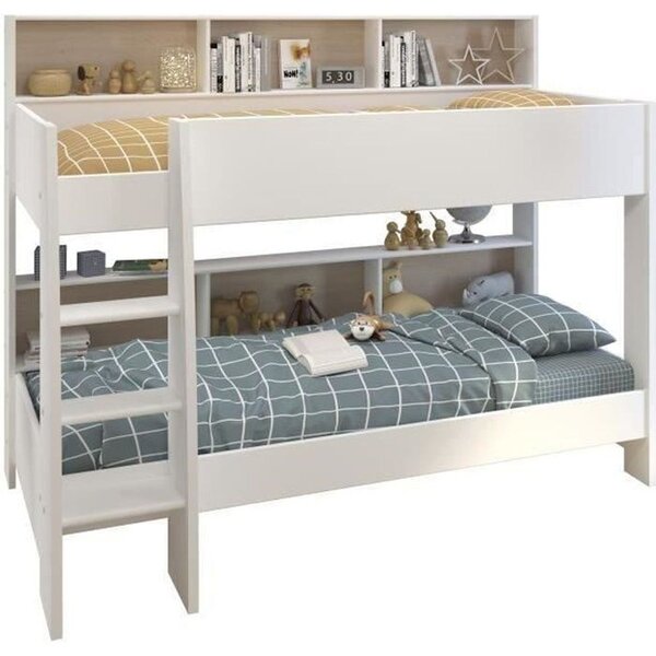 Lits superposés enfant chêne et blanc ombre avec sommiers inclus 2 x 90 x 200 cm
