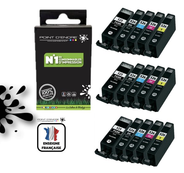 PGI-525 / CLI-526 - 3 X PACKS NOIR / NOIR PHOTO / CYAN / MAGENTA / JAUNE - Grande capacité