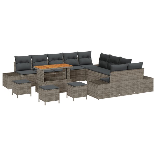 Set de Canapés de Jardin 14 Pièces avec Coussins Gris Poly Rattan Acacia
