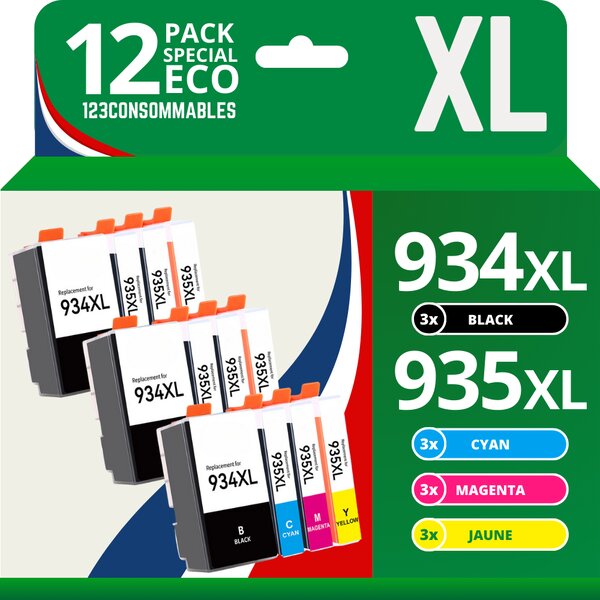 123CONSOMMABLES - 934XL 935XL - Cartouches d'encre Compatible pour HP 934 XL 935 XL pour HP Officejet Pro 6230 6830 Officejet 6820 (pack de 12)