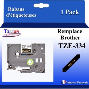 Ruban d'étiqueteuse compatible avec  Brother Tze334  Tze-334 pour étiqueteuses P-touch - Texte doré sur fond noir - Largeur 12 mm x 8 mètres - T3AZUR